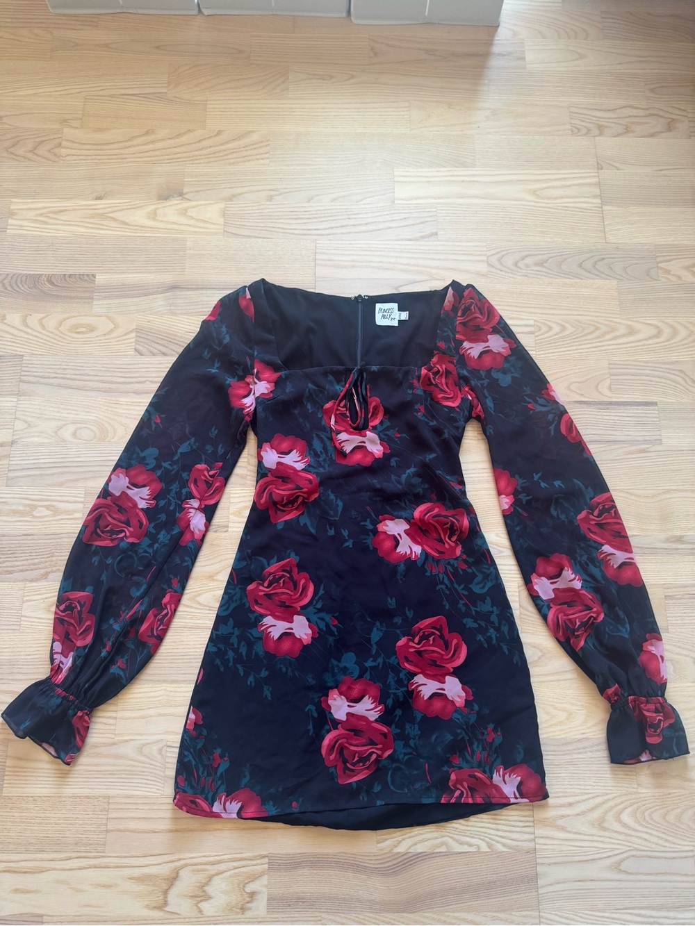 Princess Polly Black Mini Dress with Red Rose Print and Long Sheer Sleeves